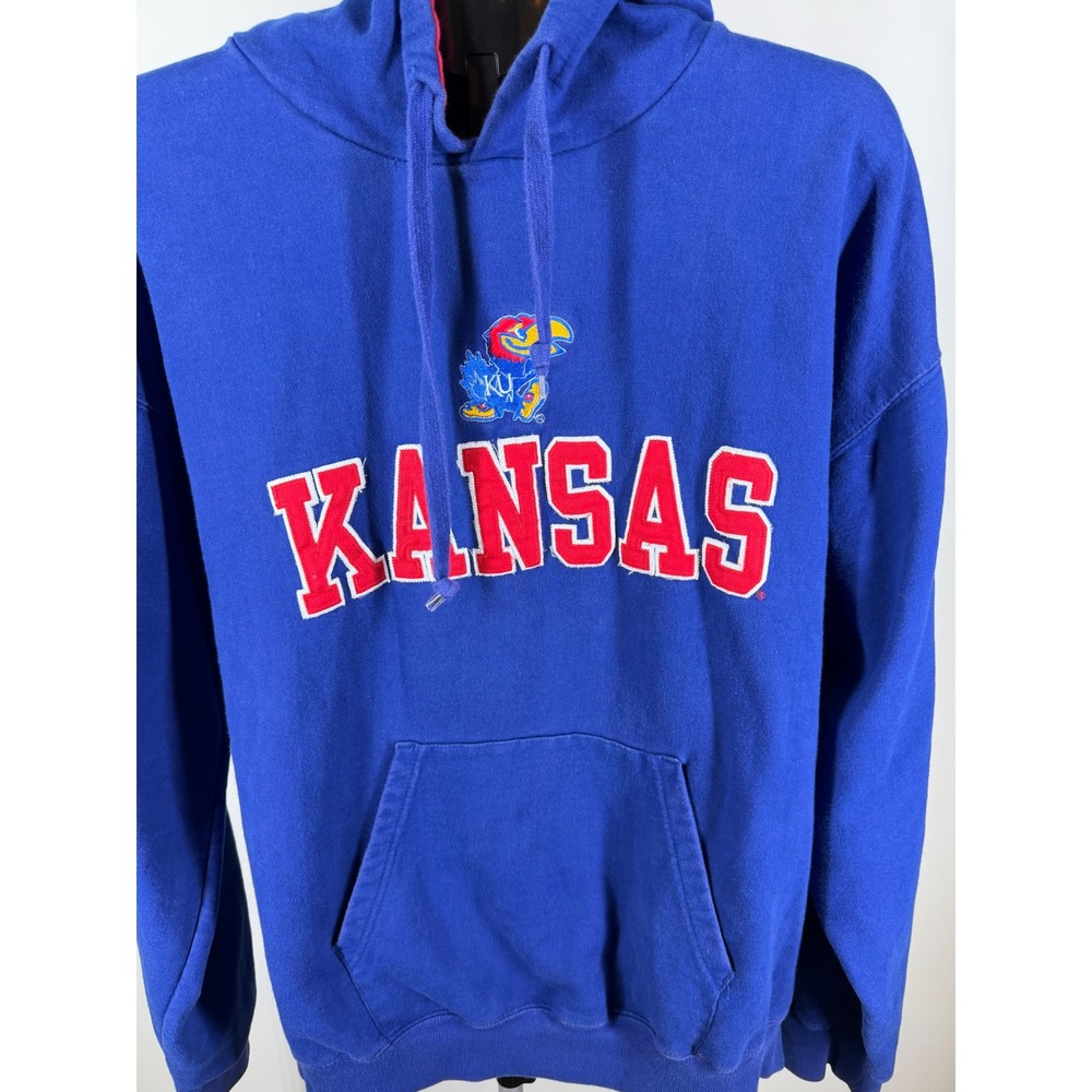 Kansas Jayhawks Hoodie Royal Blue Embroidered Mascot Pullover Sweatshirt Mens XL - Picture 2 of 5